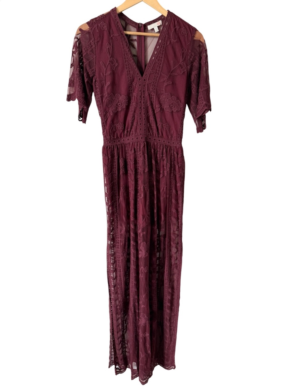 GB Burgundy Lace Romper Maxi Dress Overlay Boho Festival Size S NWOT